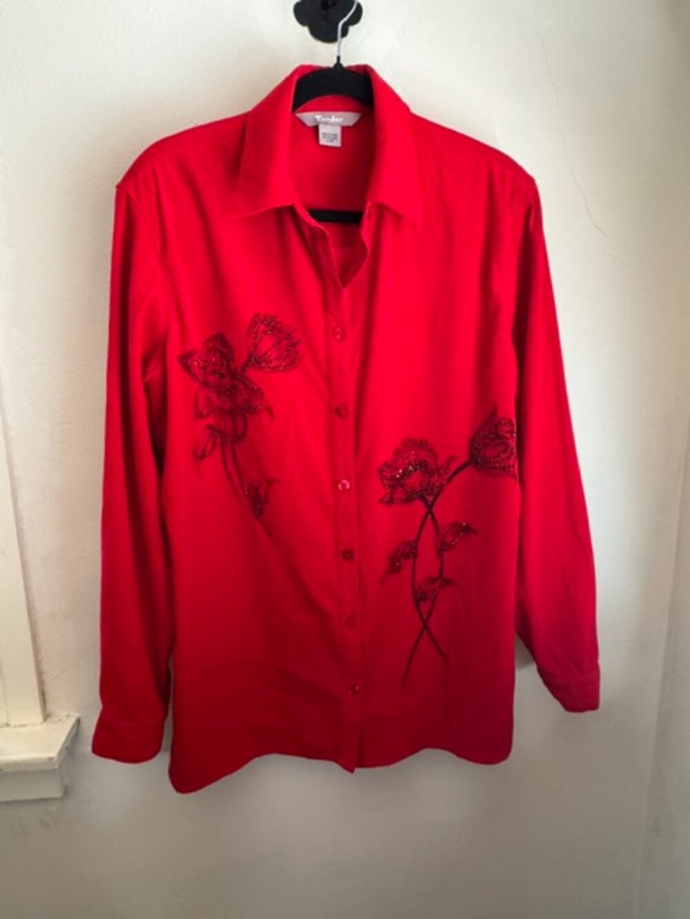 Tanjay Red Silky Blouse w/Flower Detail